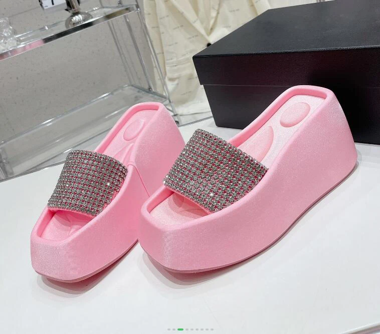 Thick Sole Women Summer Slipper Shoes Full Diamond Strap Slip on Open Toe Designer Height Increasing Girls Sandal Shoe