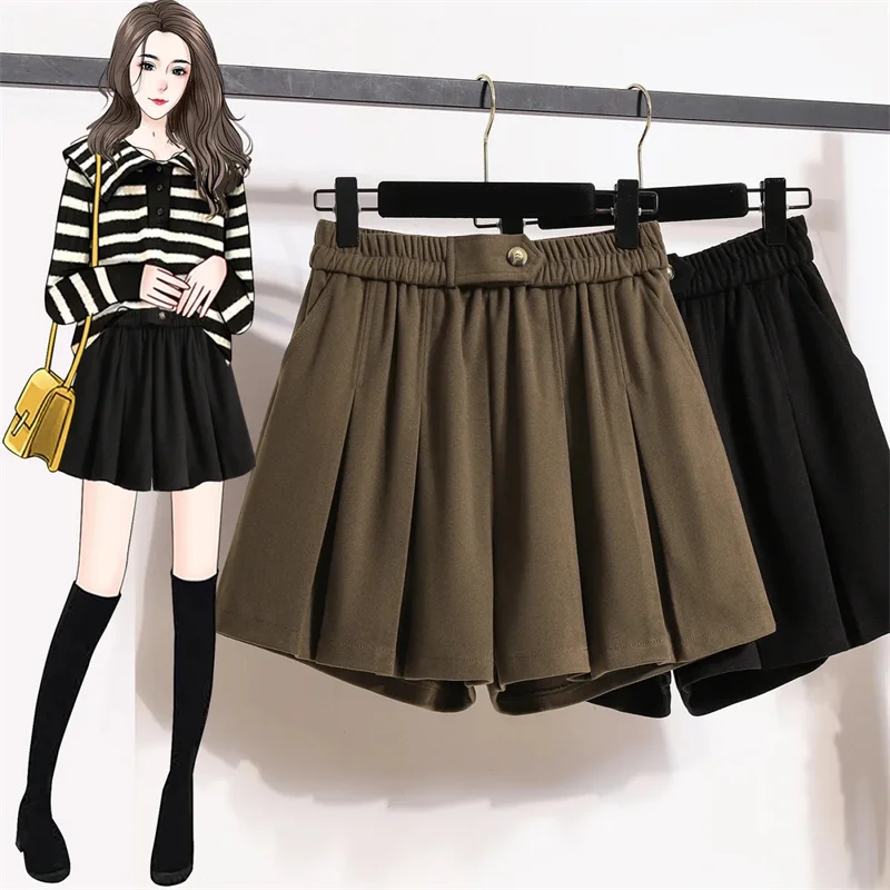 Korean Women Large Size 4XL Pantalons Autumn Winter Lady Fashion Wide Leg Short Pants Femme High Waist Woolen Trousers