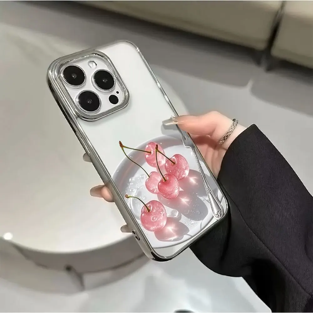 

Pink Cherry bow Electroplated Phone Case For iPhone 17 16 15 14 13 12 11 Pro Max 16 15 Plus X XS 17 Air Shockproof Clear Cover