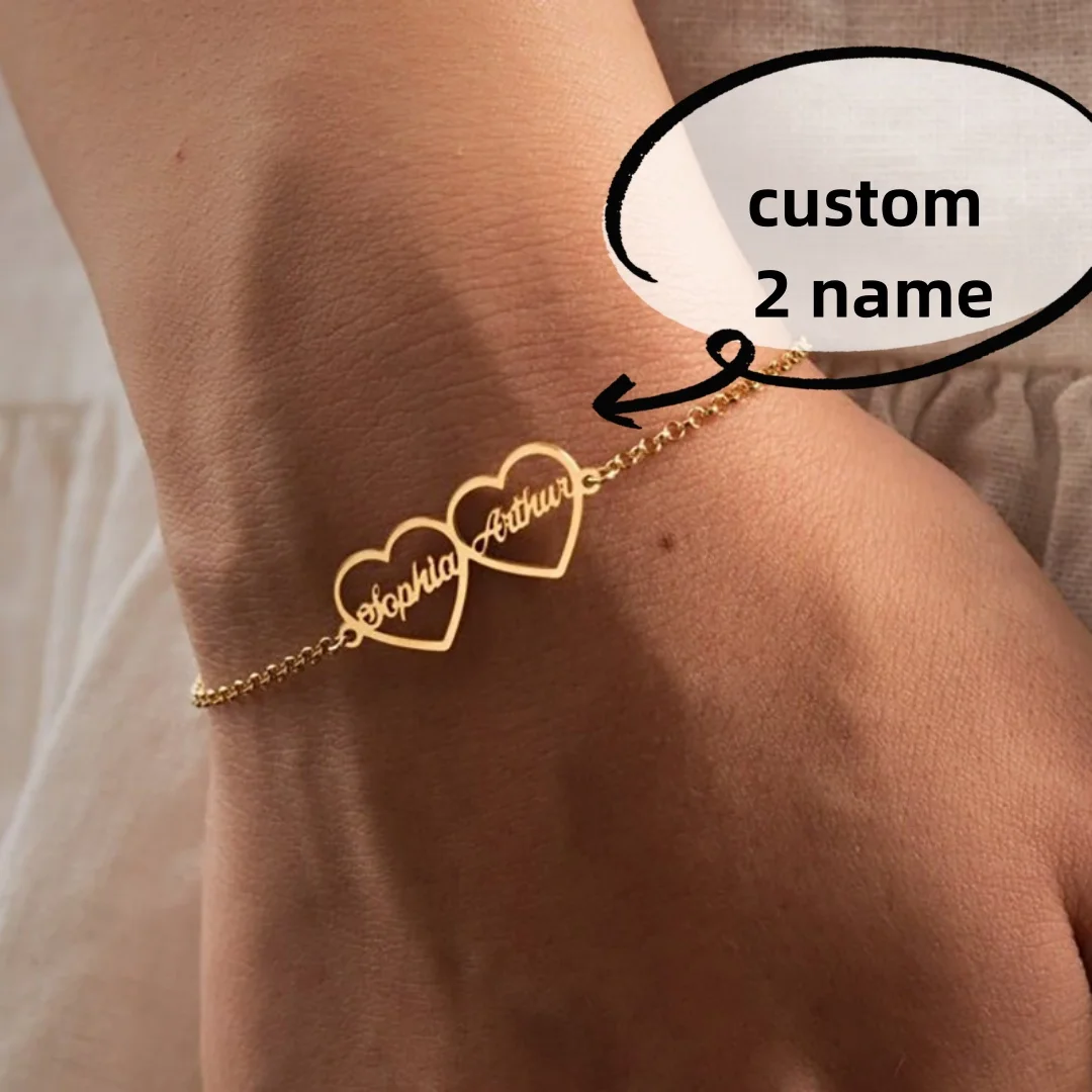 Customized  Double Name  Heart Bracelet Handmade Jewelry Stainless Steel Nameplate Bracelets Femme Personalized Gifts for Women