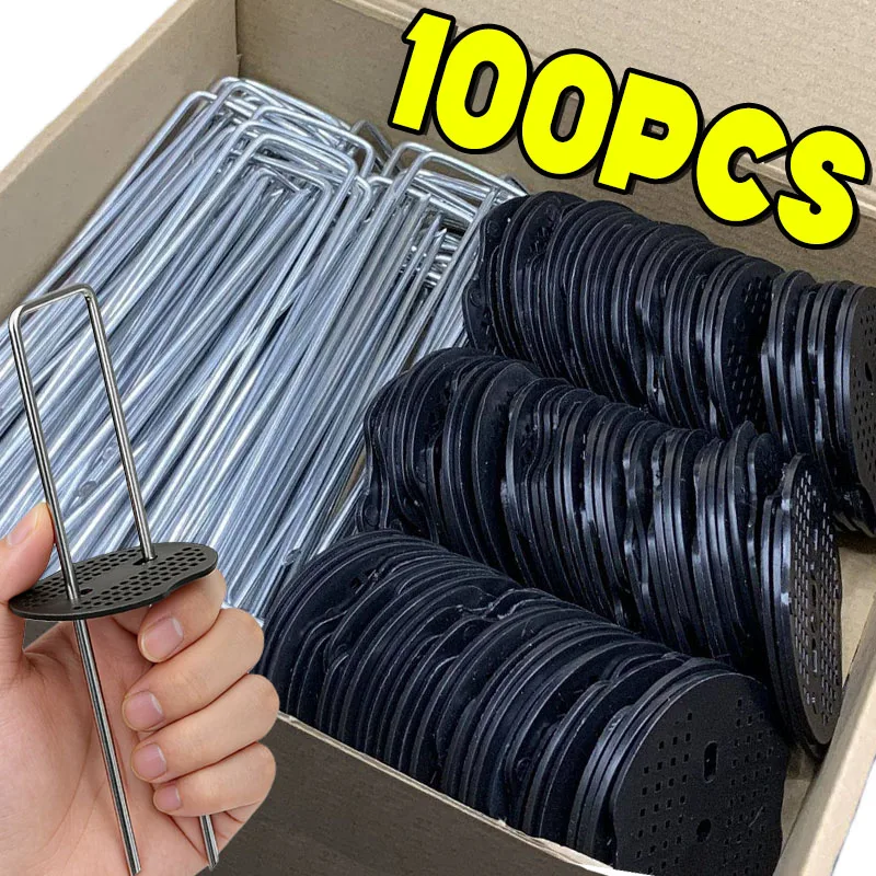 100Set U-shaped Ground Pegs with Buffer Washers Garden Pegs for Securing Weed Landscape Fabric Netting Garden Lawn Accessory