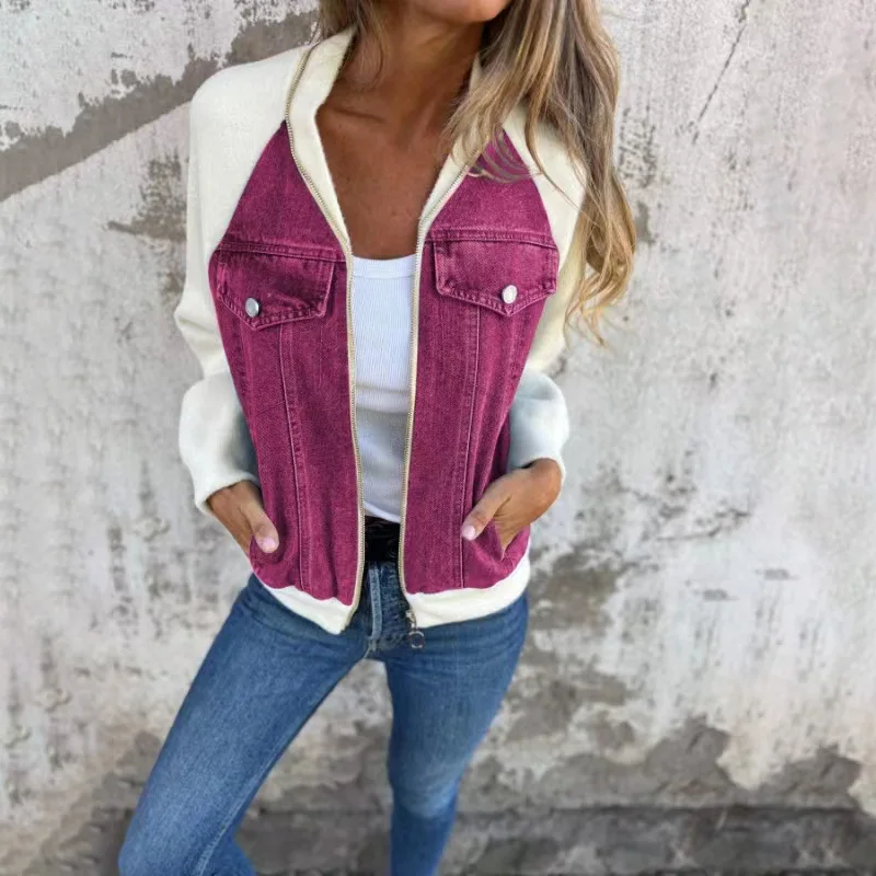 Autumn Winter New Denim Patchwork Jacket Coat For Women\'S Casual Fashion Shoulder Rubbing Long Sleeve V Neck Denim Jacket Female