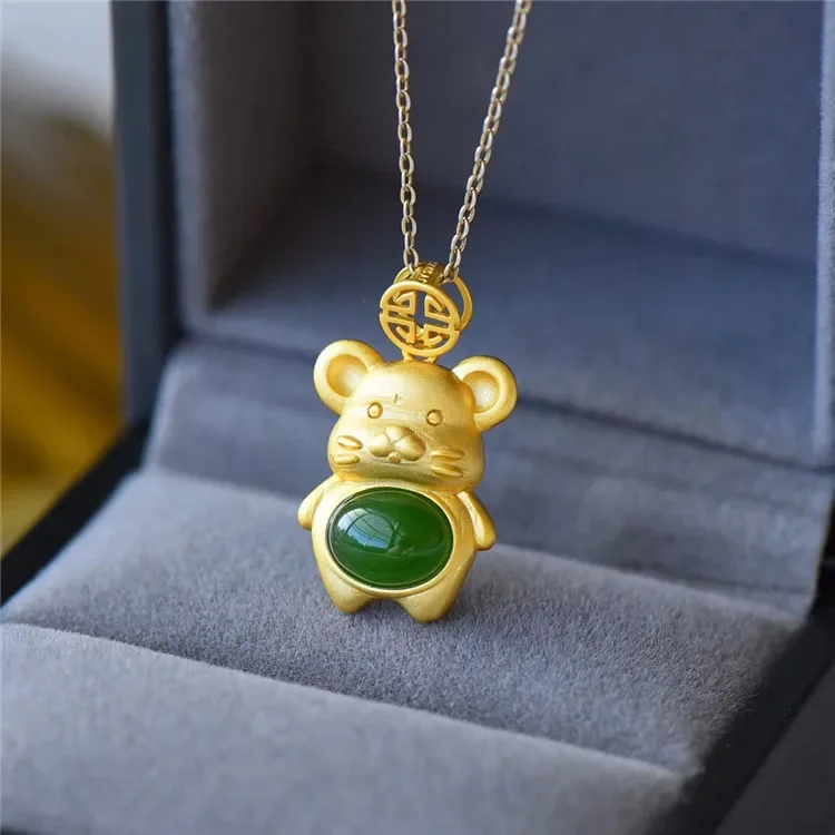 Natural Green Hetian Jade Mouse Pendant Lucky Necklace Chinese Jadeite Amulet Fashion Charm Jewelry Gifts for Women Her