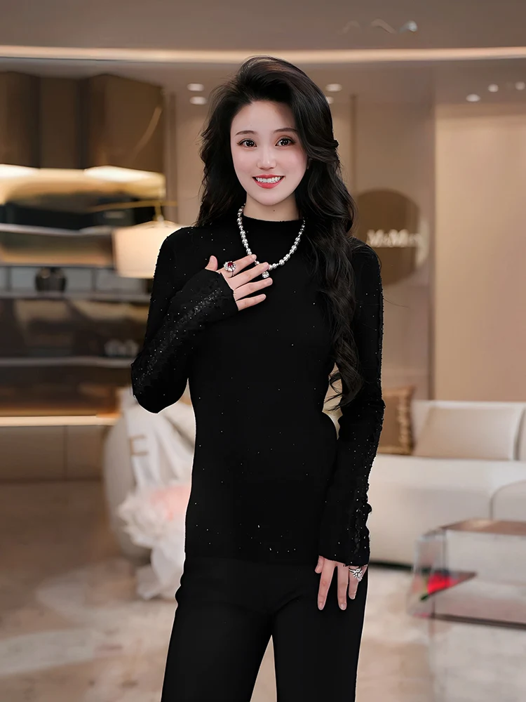 

Mehi Star River Line Bla f High Ne Knitted Base Layer Top Women's Spring Autumn Diamond Design Sensation Inner Wear irt