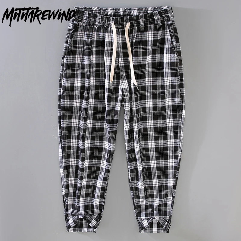 

British Style Plaid Pants Men Daily Causal Jogger Pants Drawstring Elastic Waist Straight Baggy Pants Simple Youth Men Trousers