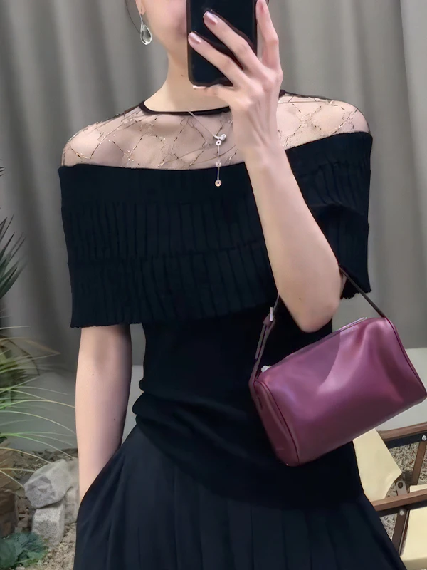 

Fashionable Black Lace Hollow out Short Sleeve Shirt Women's Commute Style Summer Intellectual Elegant Women's Top