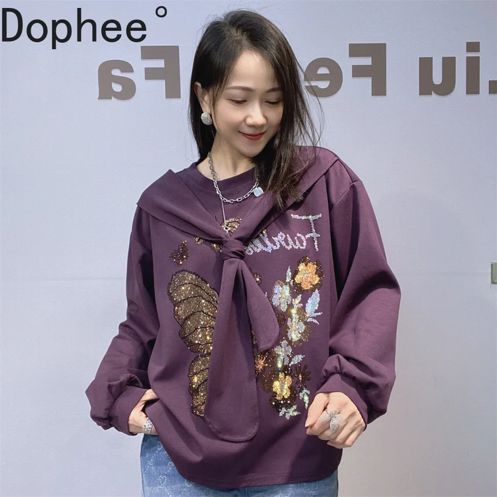 Trendy New Autumn Fashion Long Sleeve Sweatshirt Faux Two-piece Shawl Scarf Loose O-neck Pullover Top Diamonds Butterfly Hoodies