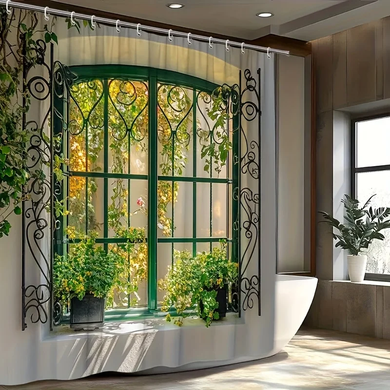 Luxurious Greenery Shower Curtain Window Decor Wrought Iron Bohemian Waterproof Bathroom Tapestry Gothic Vine Motif Statement