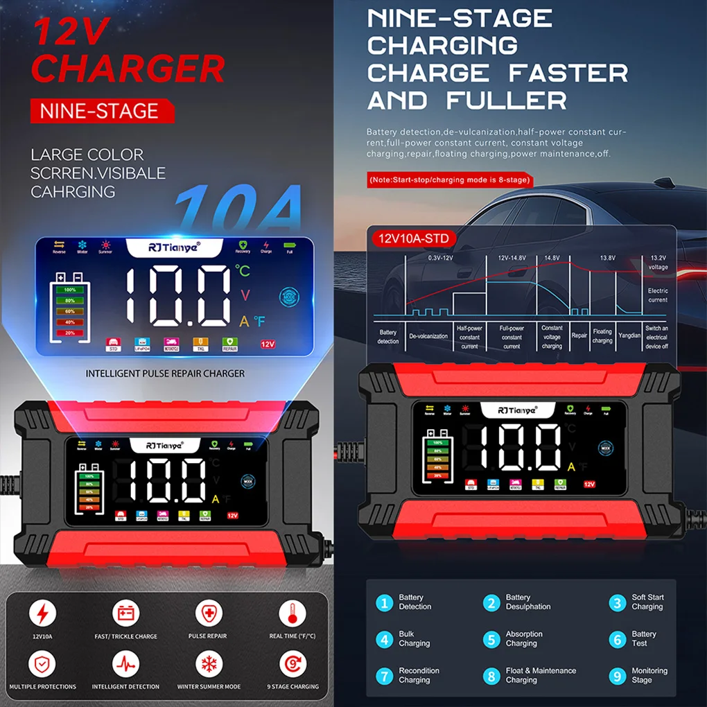 4.1Inch LCD Color Screen 10A Car Battery Charger Car Battery Charger