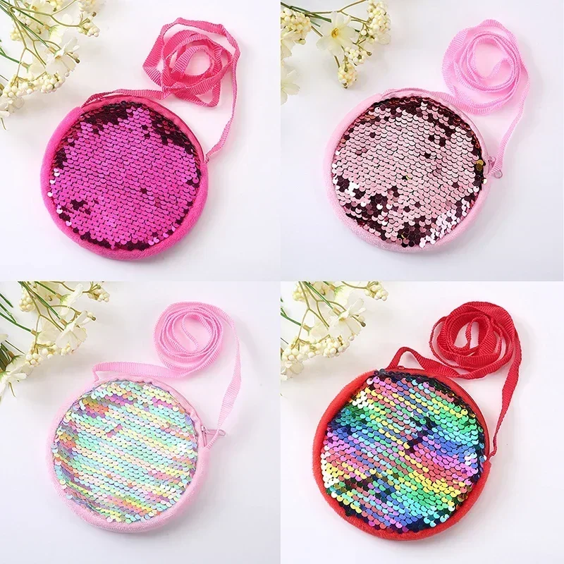 Round Princess Coin Purse Color Sequins Shiny Lanyard Shoulder Bag Children\'s Messenger Small Pack Kids Handbag Lovely Girl Gift