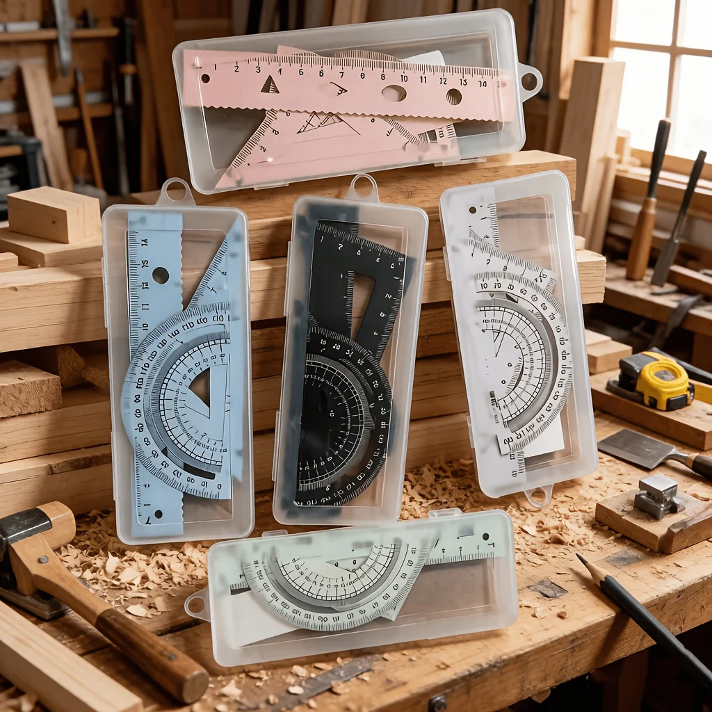 4Pcs 15cm Metal Geometric Ruler Set, Straight Triangle Protractor with Storage Box, School Carpentry Supplies