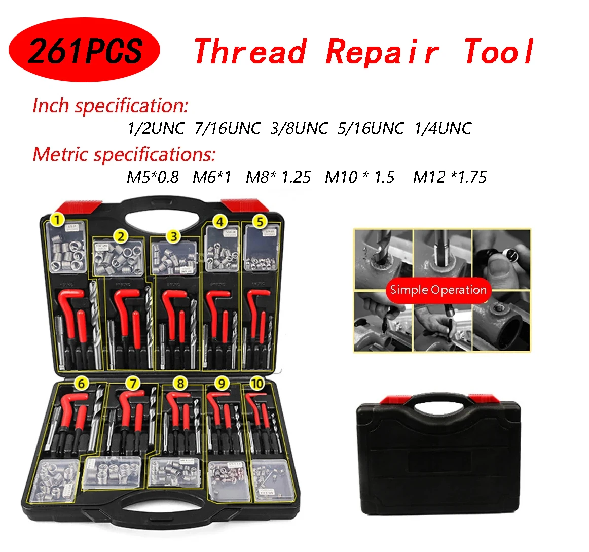 261Pcs Thread Repair Tool Coil Drill Insert Installation Kit Engine Block Restoring Damaged Wire Thread Insert Repair Kit Set