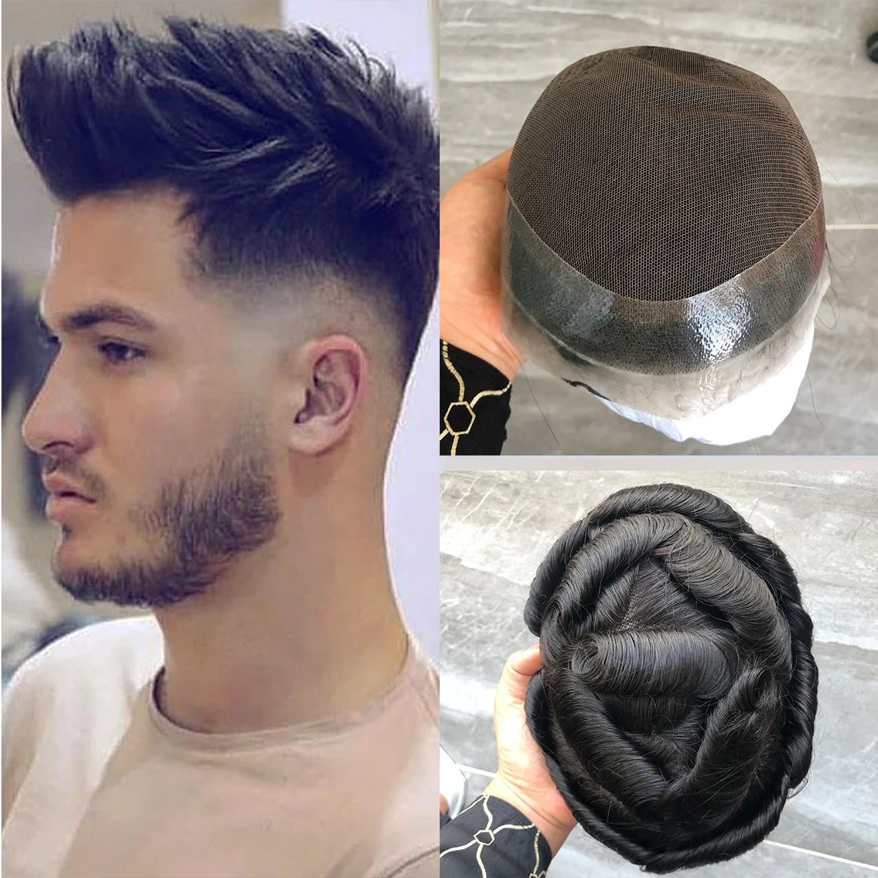 

French Lace with PU Men's Toupee AU Base Breathable Man Hairpieces Human Hair Replacement System for Men Summer Black Toupees