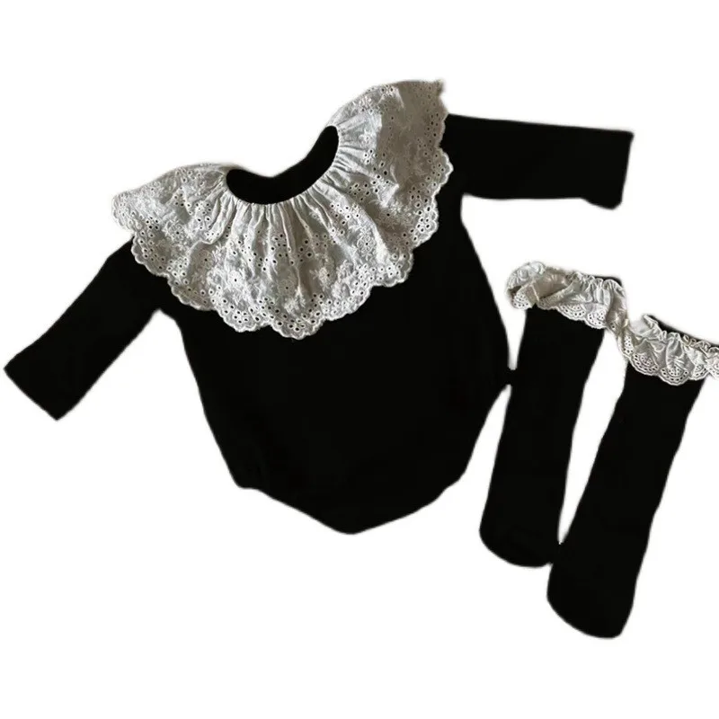 Newborn Baby Girl Black Cotton Lace Collar Romper Infant Toddler Solid Long Sleeve Jumpsuit Spring Autumn Baby Clothes 3M-18M