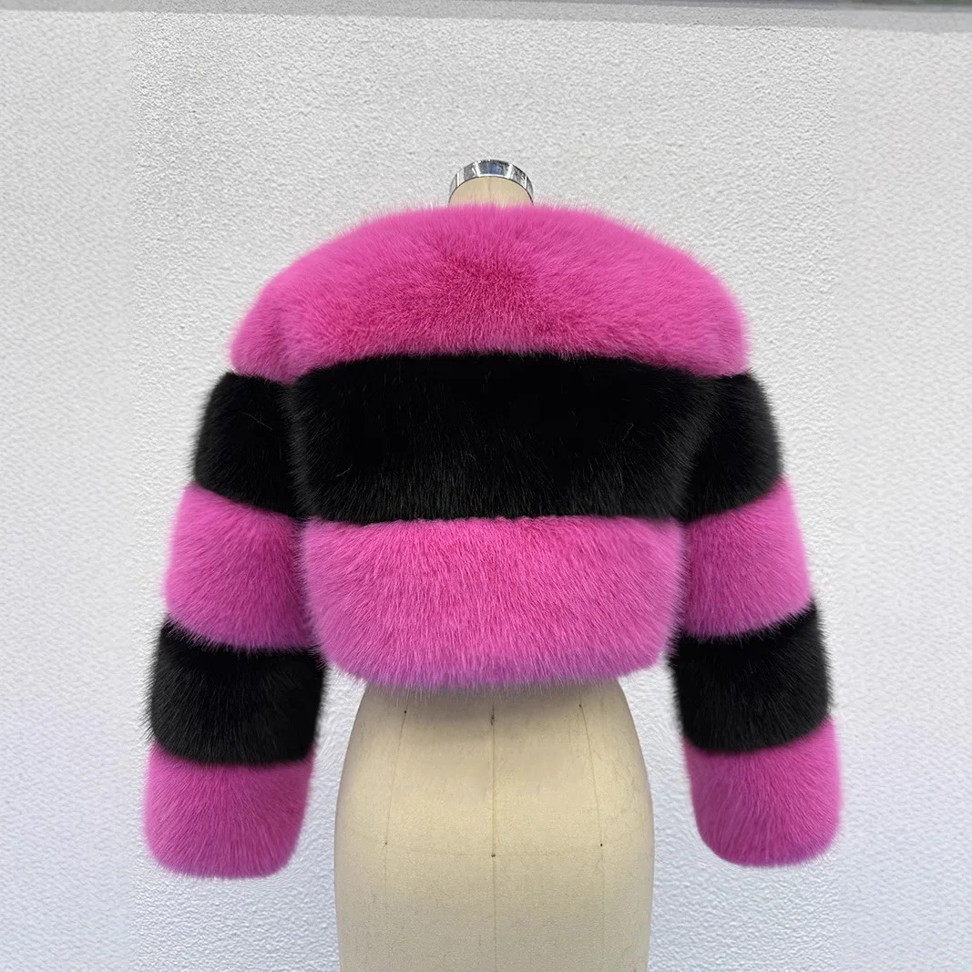 เสื้อแจ็คเก็ตขนเฟอร์เทียมแบบสั้น ซิปหน้า คอทรงโอ แต่งผ้าต่อกัน  แฟชั่นสำหรับผู้หญิง  เสื้อคลุมขนฟู  สำหรับฤดูหนาว  ความยาวเก้าส่วน