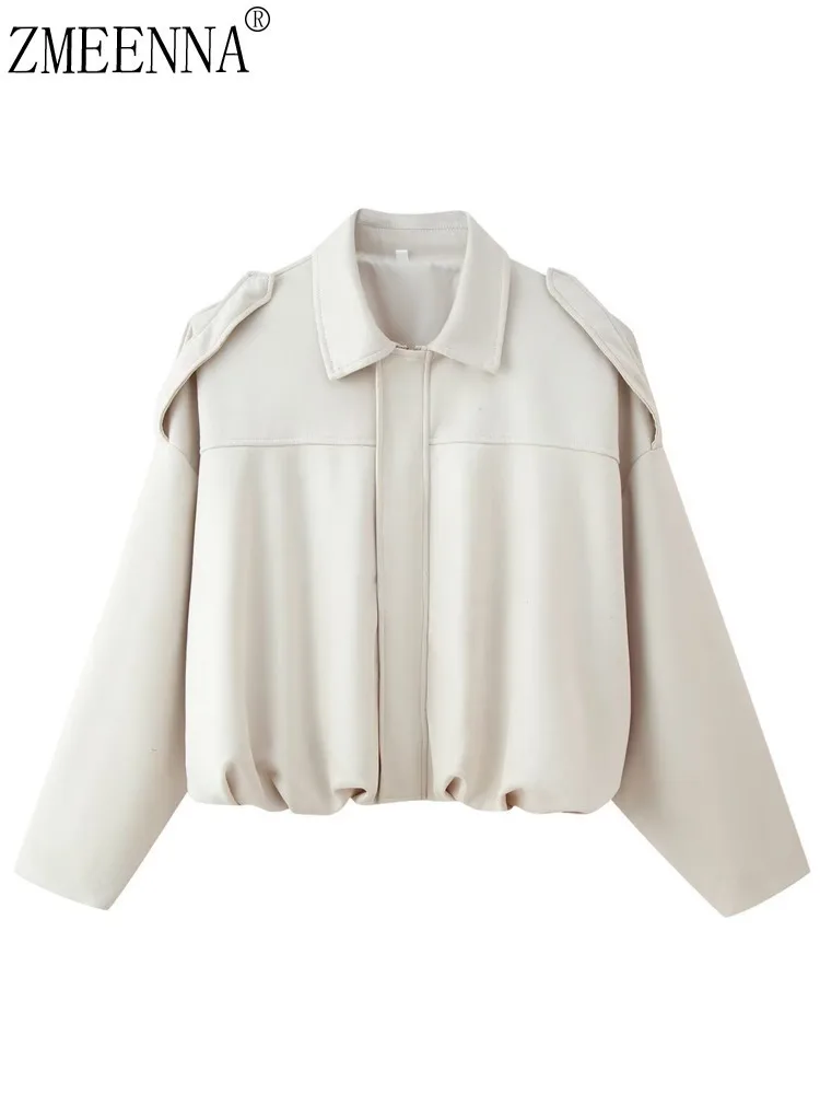 

ZMEENNA женская куртка из искусственной кожи цвета слоновой кости с зубчатыми лацканами и короткими рукавами, карманами и рюшами по подолу, повседневная модная верхняя одежда ZM4196