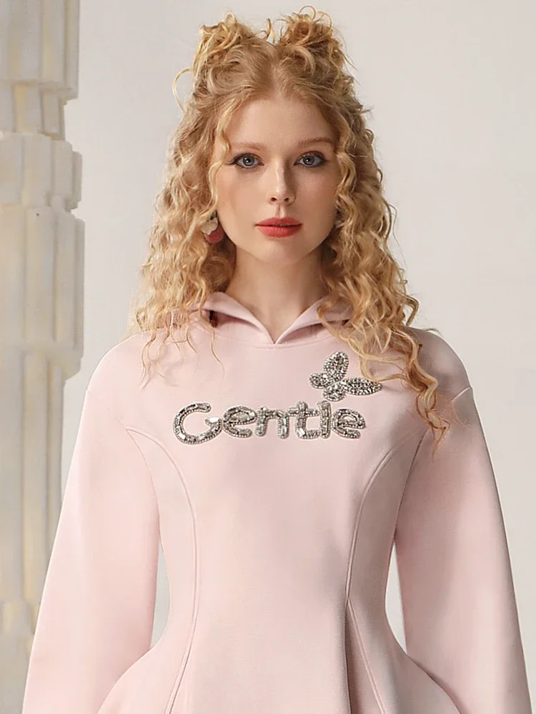 LEOSOXS High-end Knitted Sweater Suit Skirt Autumn New Hooded Top Girl Pink High Waist Pleated Skirt 2 Piece Sets Womens Casual