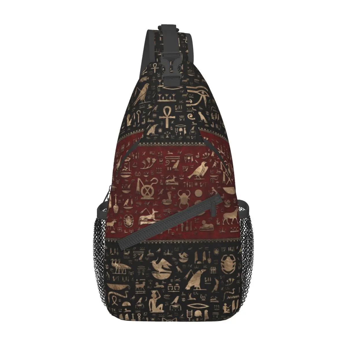 Egyptian Hieroglyphs Small Sling Bags Chest Crossbody Shoulder Sling Backpack Outdoor Sports Daypacks Egypt Deities Gold Pattern