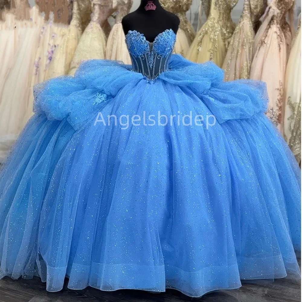 Angelsbridep ที่กําหนดเอง Sparkly คริสตัล Blue Ball Gown Quinceanera ชุด 2025 วันเกิด Party Vestidos De 15 ปี