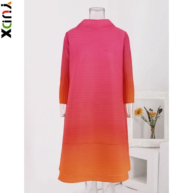 

YUDX Miyake Elegant Gradient Pleated A-line Dress Women Long Sleeves Loose Mid Length Dresses Fashion 2024 Spring New