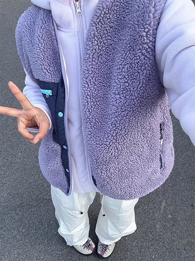 

Outdoor Thiened Lamb Velvet Vest ex Winter Warm Svel Jaet Youth Faion Water Waed Casual Leisure Zipper Closure