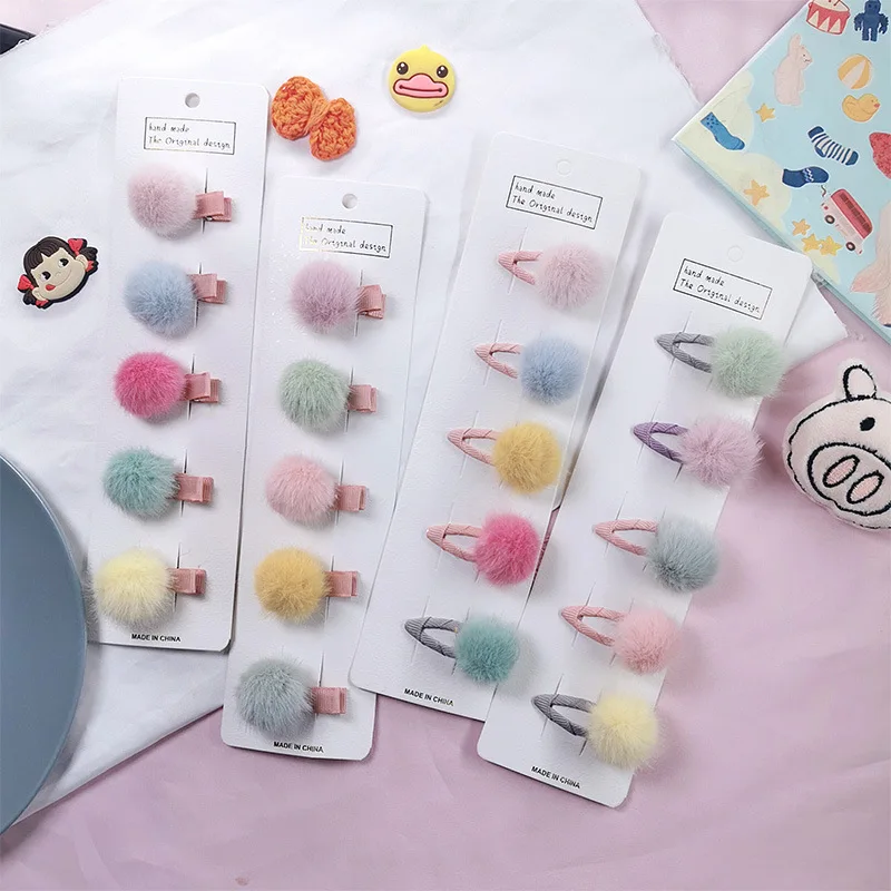 5pcs/set Mini Hair Pin Clips Costume Bobbles Barrettes Cute Kawaii Solid Candy Color Pompoms Baby Hairpins for Girls Accessoires