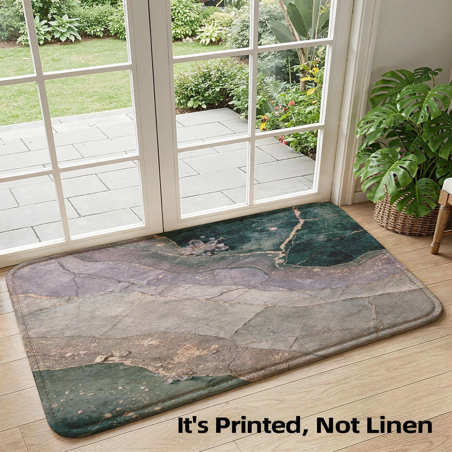 Luxury Faux Stone Print Rug Mat Runner for Bathroom and Entryway Modern Slate Decor Waterproof Area Rug Green Gray Living Room H