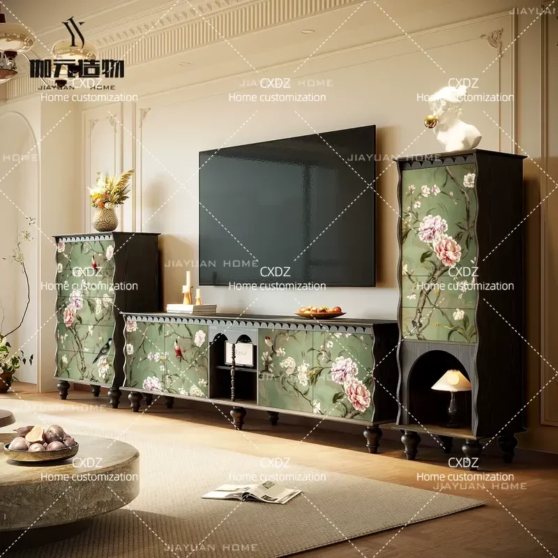 French Retro Floral Bird TV Cabinet Solid Wood Wavy Edge Storage Floor Unit Living Room High Vertical Cabinet Antique Style