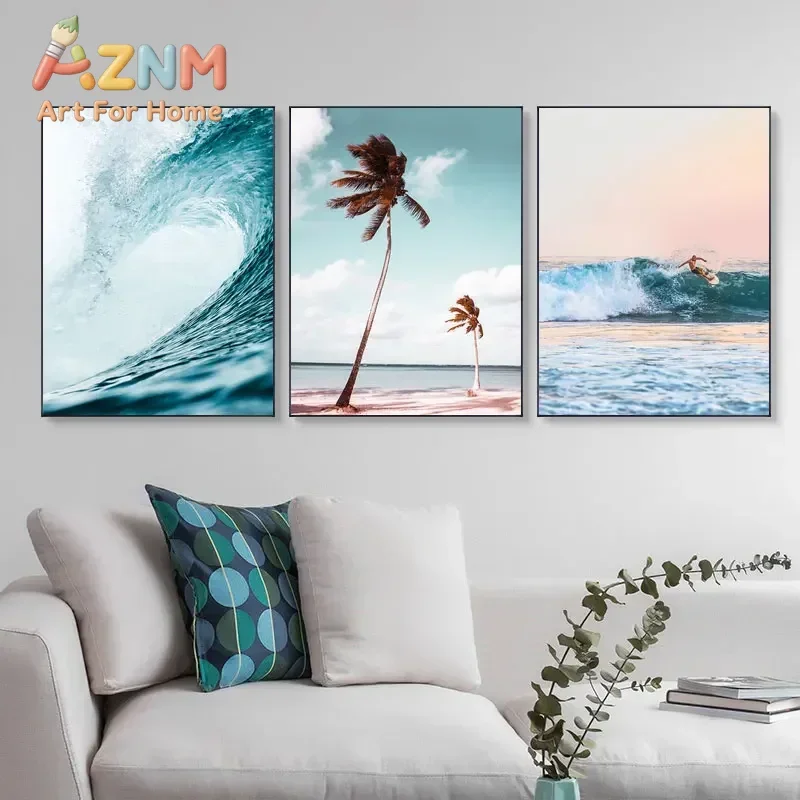 Seasacape Sunset Canvas Painting Coastal Wall Art Surfing Print Ocean Waves Poster Nature Scenery Wall Pictures for Living Room