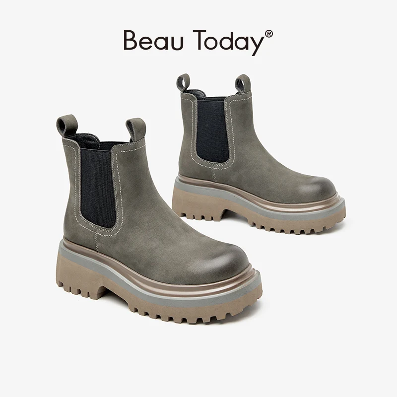 

BeauToday Chunky Boots Chelsea Women Genuine Cow Leather Waxing Round Toe Elastic Band Female Platform Shoes Handmade 04618