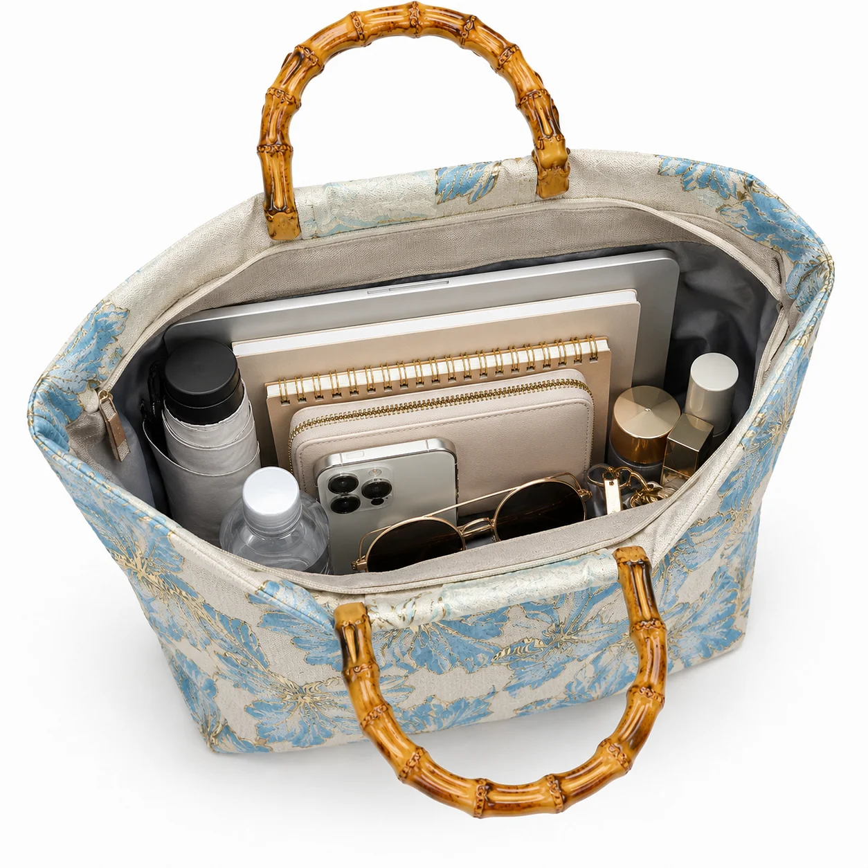 Damen-Tragetasche mit Blumenmuster, Bambusgriff, große Kapazität, Strandhandtasche, lässige, leichte Umhängetasche – Detail 4