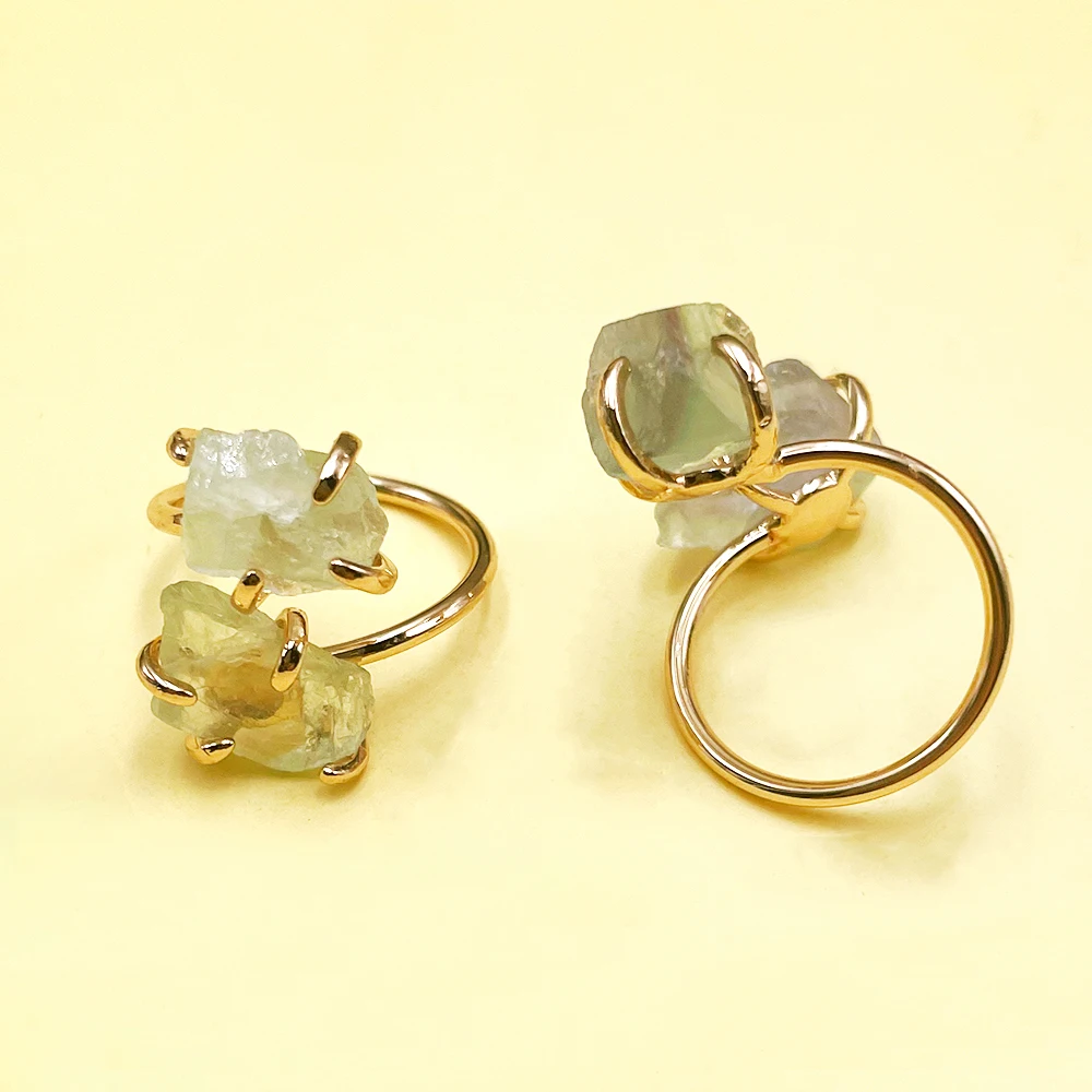 Irregular Fluorite Crystal Open Cross Ring for Women Girls Claw Setting Gold-color Boho Rough Stone Finger Jewelry Resizable view 3