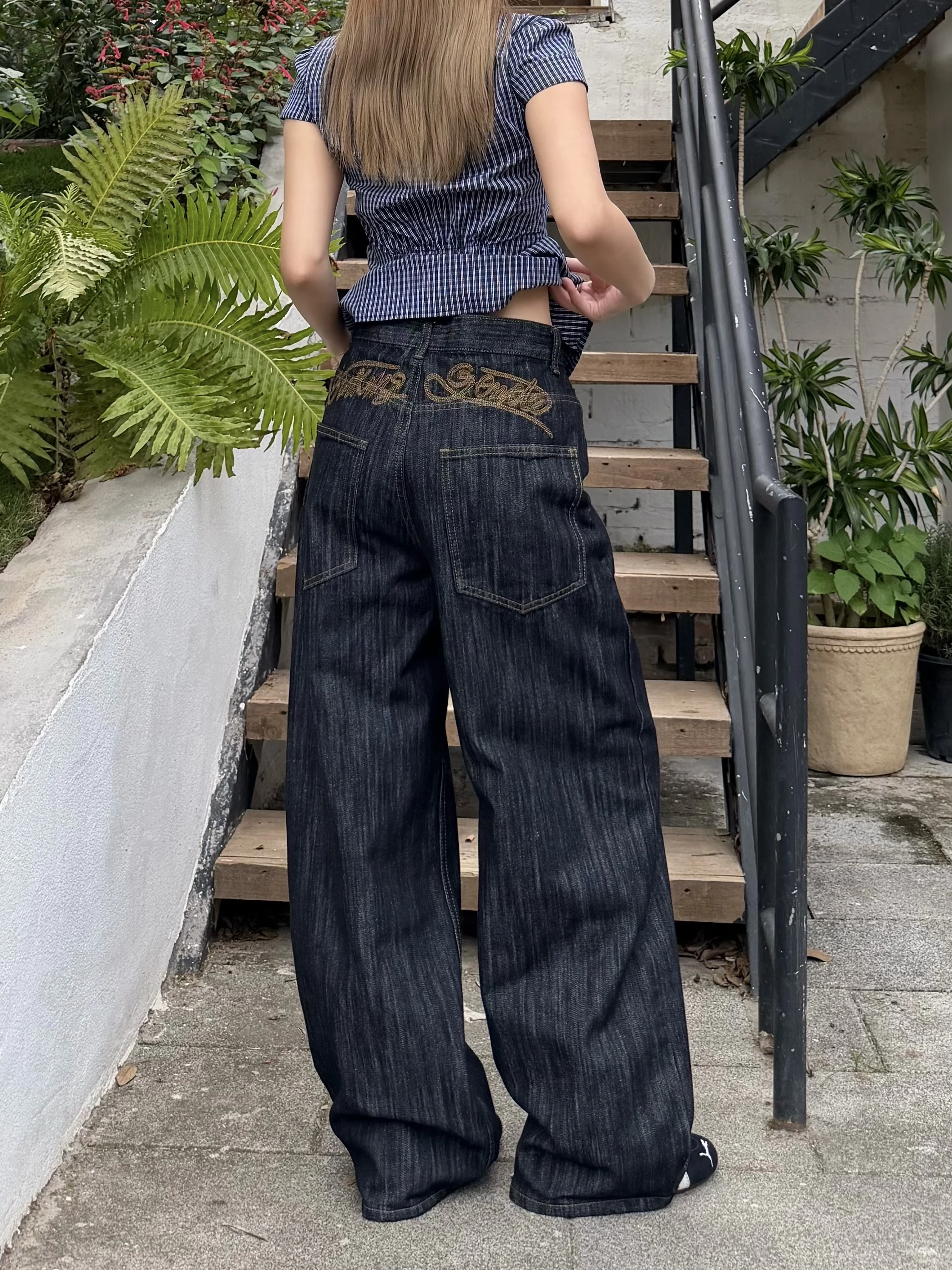 

XFX American Retro Wide Leg Jeans Women's Loose Fit Embroidered Floor-Length Pants Casual Cotton Denim Trousers for Ladies