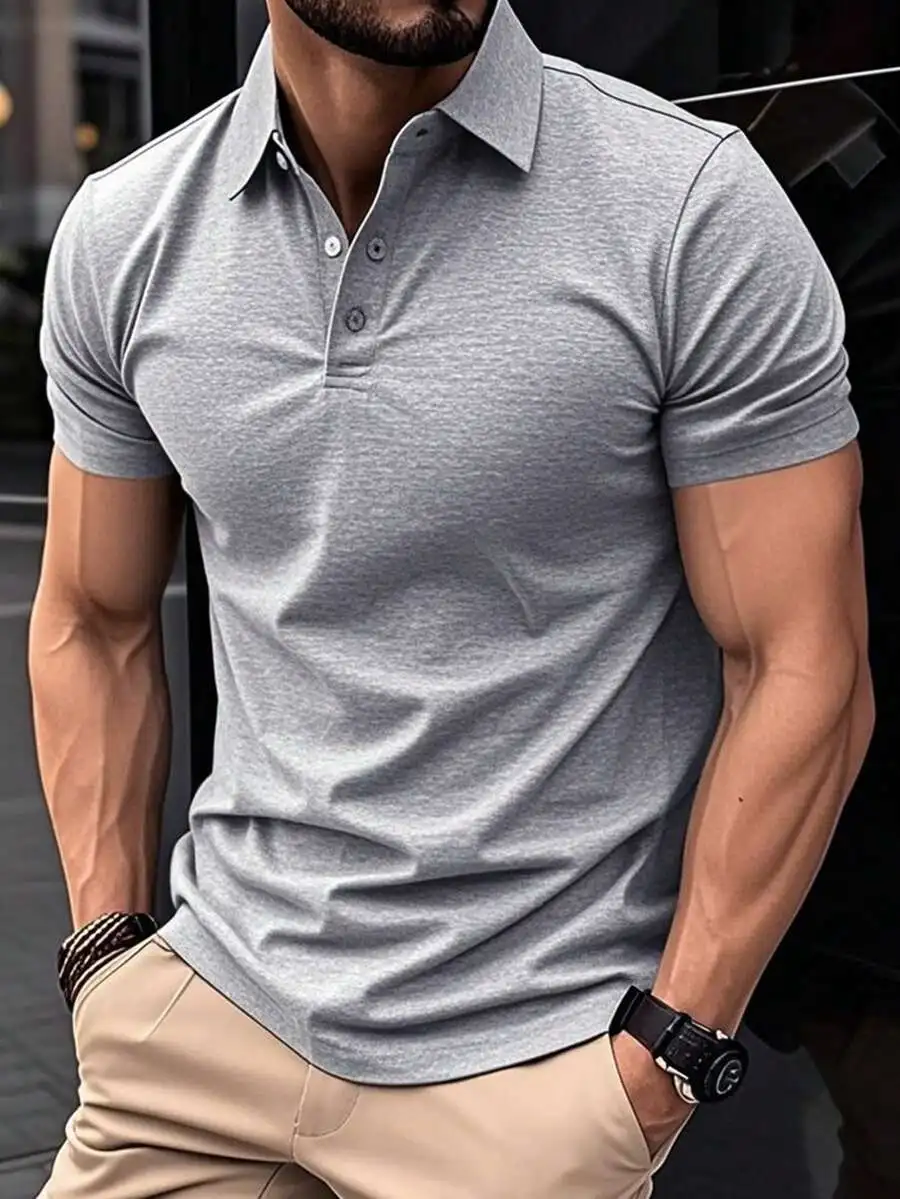 

Men's Short Sleeve Casual Polo Shirt in Heather Gray for Daily Wear