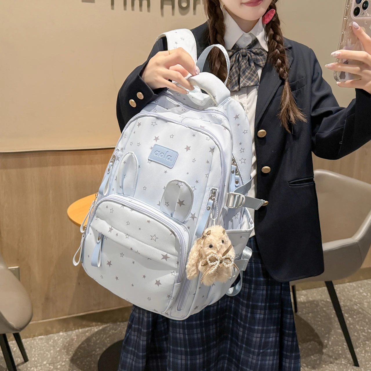 LEFTSIDE Cute Star Print Backpack 3D Ear Decor Large Capacity Girls Student School Book Bags 2026 Female Travel Daypack