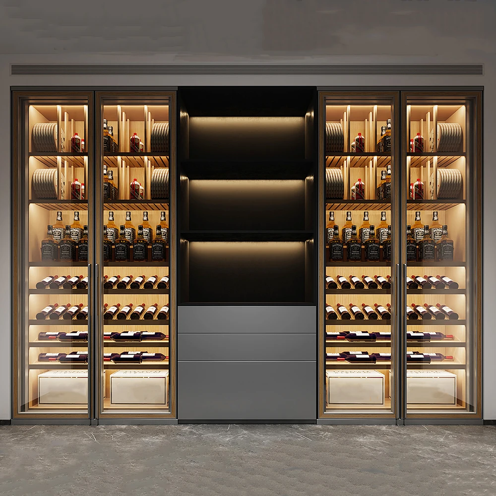 Meubles de Bar personnalisés industriels, armoire à vin intégrée, lumière LED, présentoir de bouteilles de vin mural, armoire de refroidissement