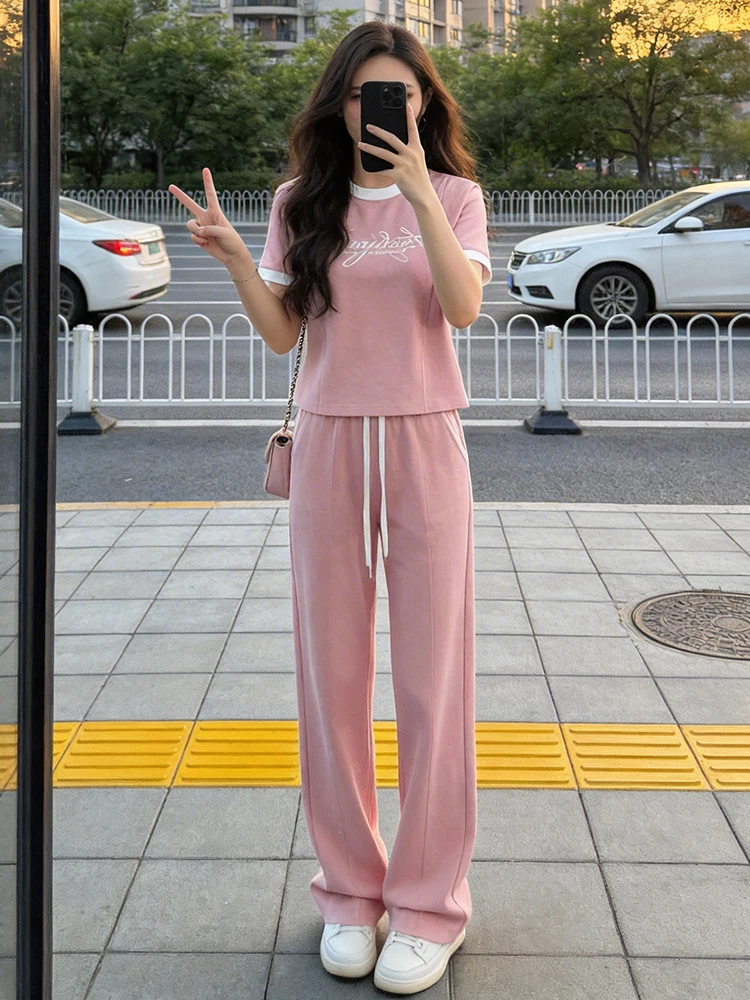 

Модный комплект с короткими рукавами и высоким содержанием хлопка, женские широкие брюки, комплект из двух предметов, модный летний новый комплект в корейском стиле