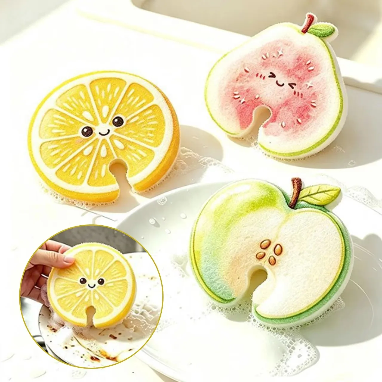 Fruit Shaped Dishwashing Sponges Kitchen Absorbent Clean Pad Water Tap Slot Design Dual-Sided Pot Bowl Stove Cleaning Sponge