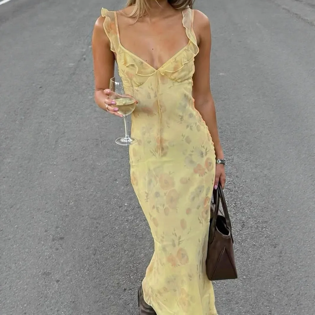 Retro V Neck Dress Yellow Sleeveless Flower Print Maxi Long Dress Ruffle High Waist Slim Dresses Elegant Holiday Party Vestidos