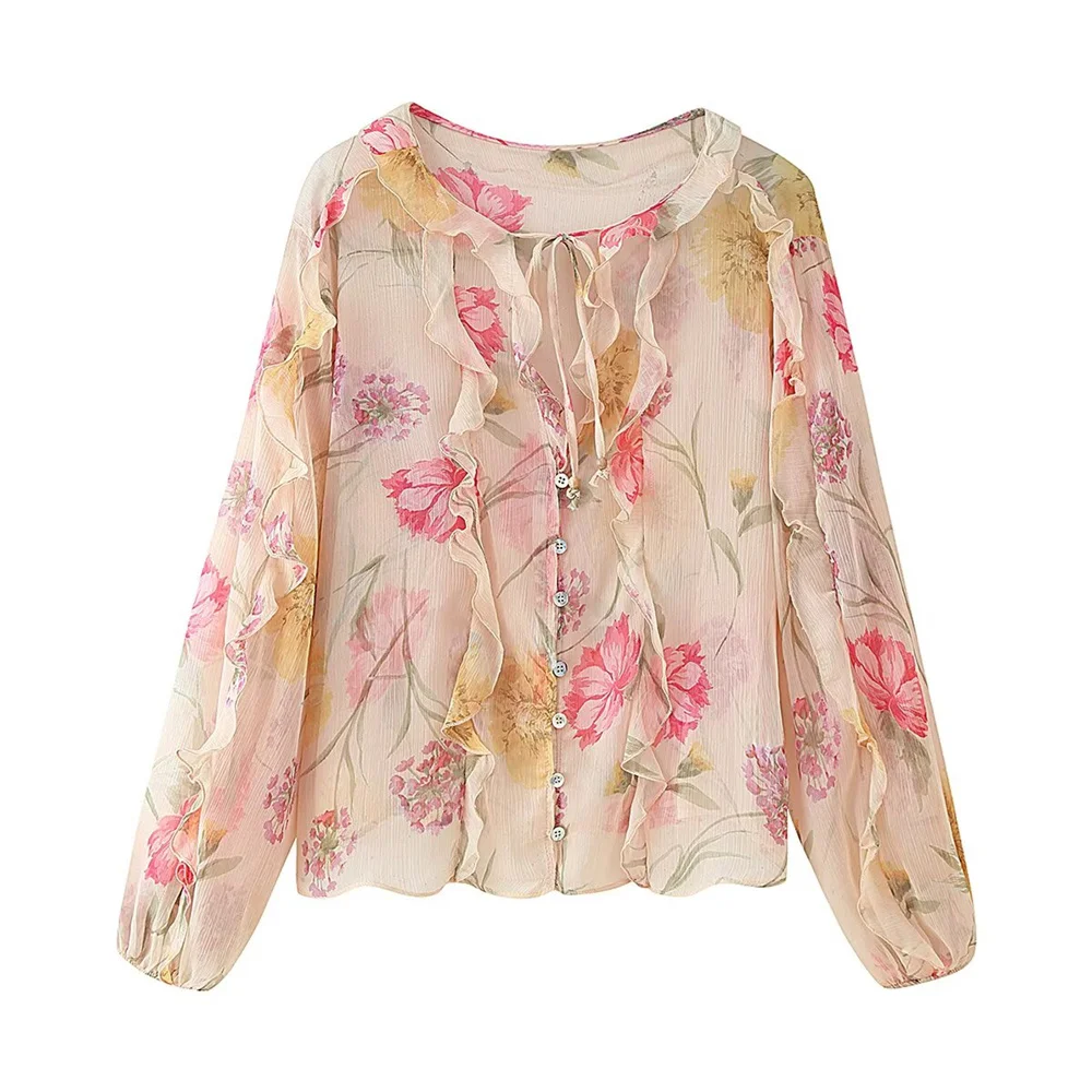 

women's new layered decorative lace up long sleeved floral print semi transparent casual versatile shirt