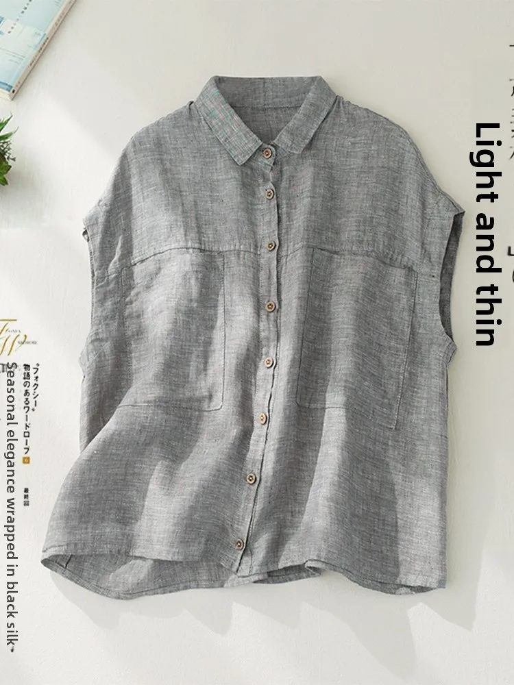

Loose Cotton Linen Workwear irt Women Summer Forest Sle Artistic Loose Personali Collar ort Sve Button up Top