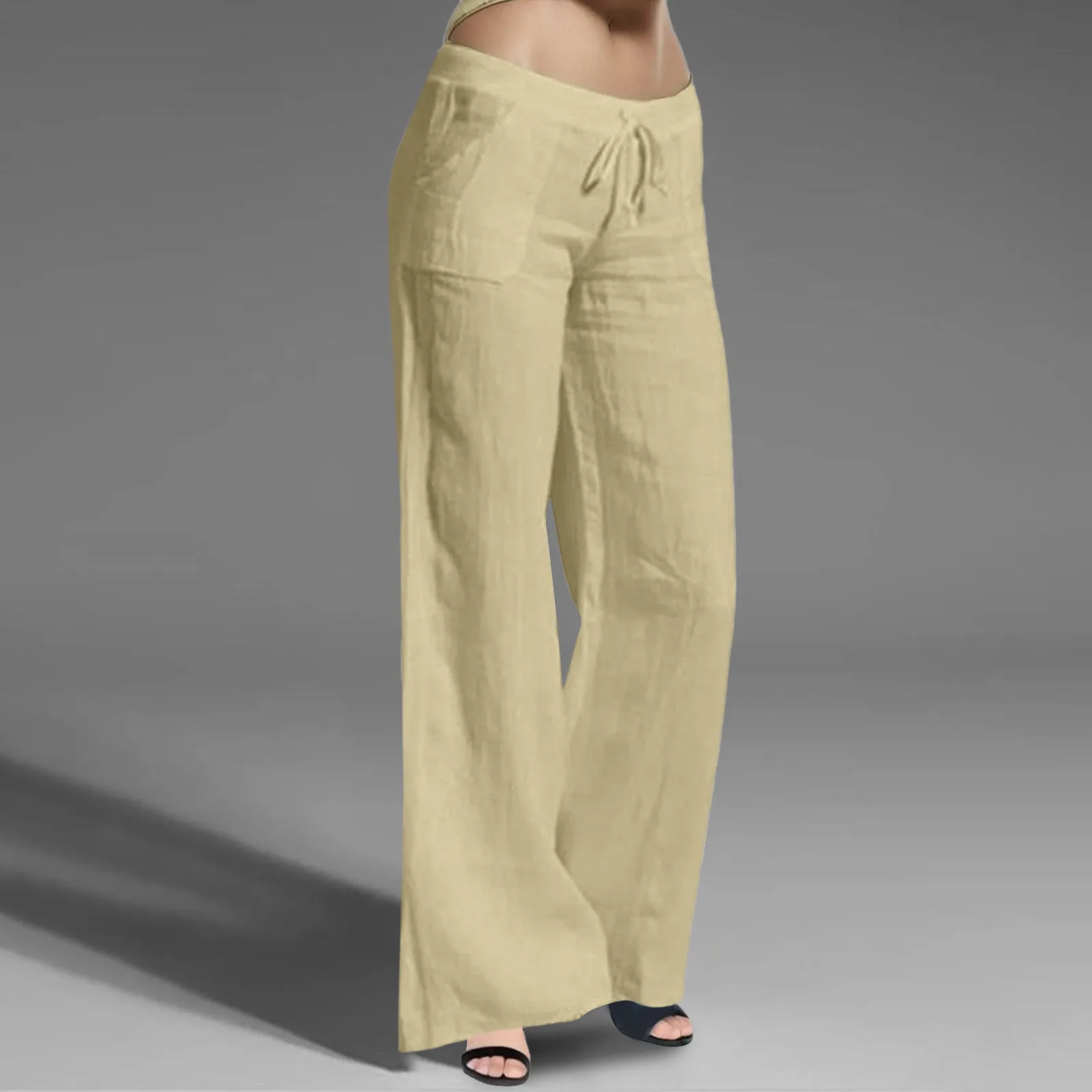 

2024 Модные женские длинные широкие хлопковые брюки с эластичным поясом, повседневные однотонные брюки на шнуровке, весенне-летние однотонные свободные брюки