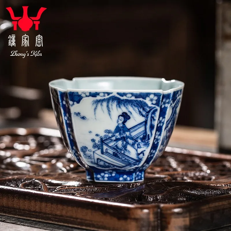 

Zhongjia Kiln Tea Cup Master Cup Jingdezhen Handmade Hand Painted Blue and White Firewood Kiln Prunus Mume Window Piano, Chess,