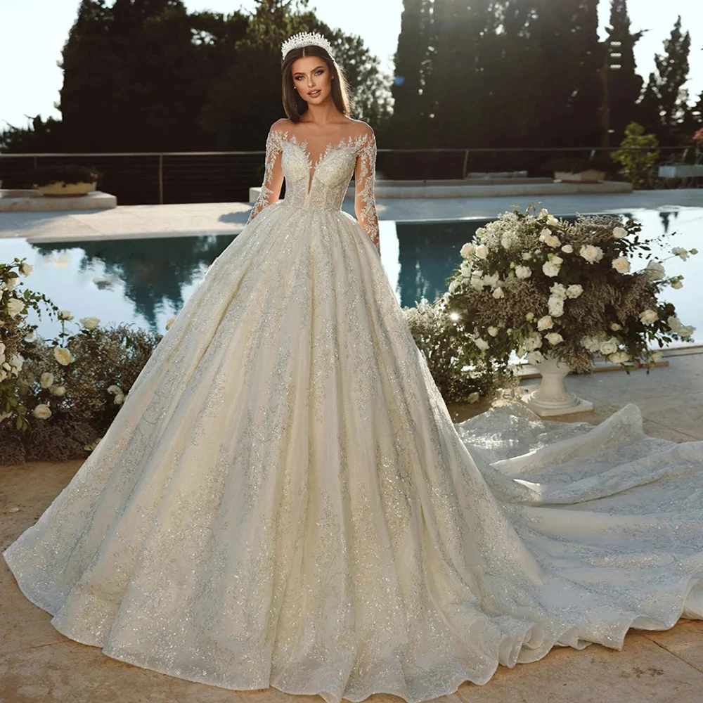 Robe de mariée à manches longues avec appliques en dentelle, robe de Rhde luxe, robes de mariée sur mesure, vêtements de princesse pour femmes, haute qualité, 2024