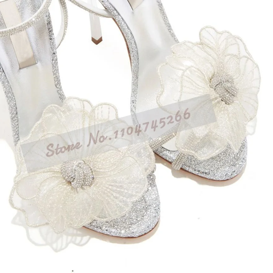 Серебряные сандалии с металлическим лезвием на каблуке и сказочным цветком, женские элегантные фиолетовые, зеленые свадебные туфли-лодочки с сетчатым цветком, туфли с блестящим ремешком и кристаллами