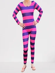 Women's Cheshire Cat Halloween Costume Pink Purple Striped Long Sleeve Jumpsuit Cosplay Outfit