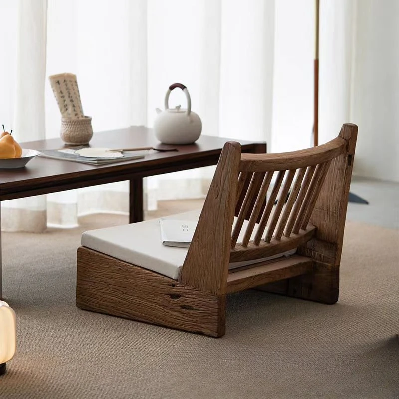 

Wabi-sabi wind old elm back chair home balcony recliner leisure chair solid wood new Chinese tatami single
