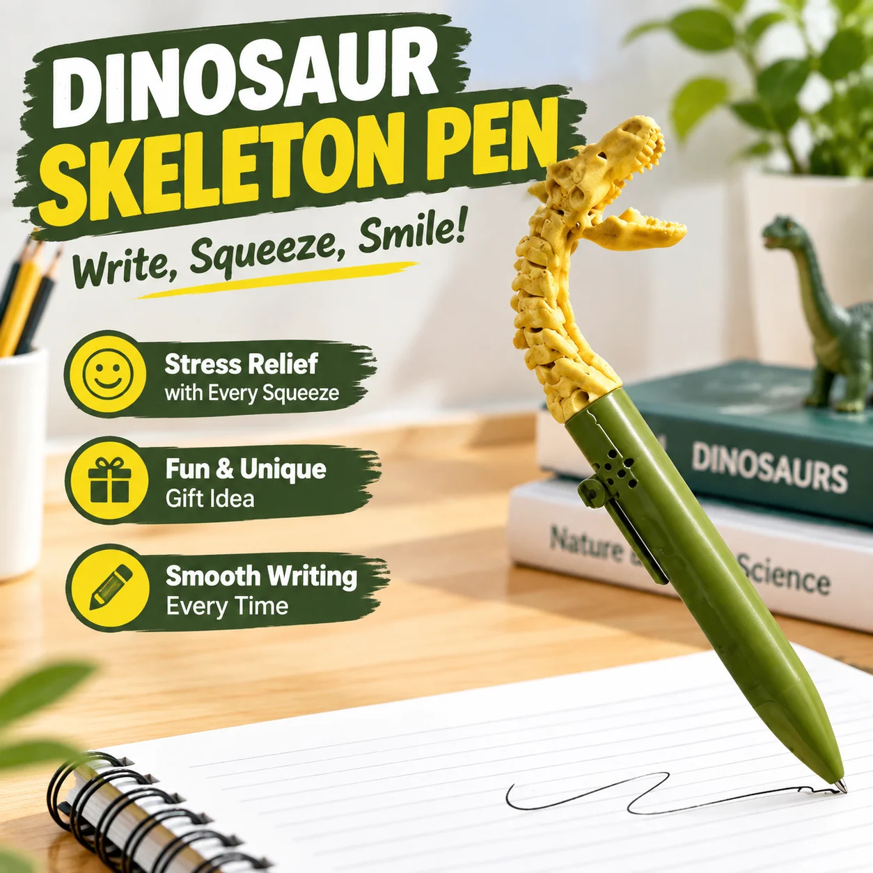 Dinosaur Skeleton Ballpoint Pen Stress Relief Fidget Toy Creative Writing Pen for Kids Office School Museum Gift