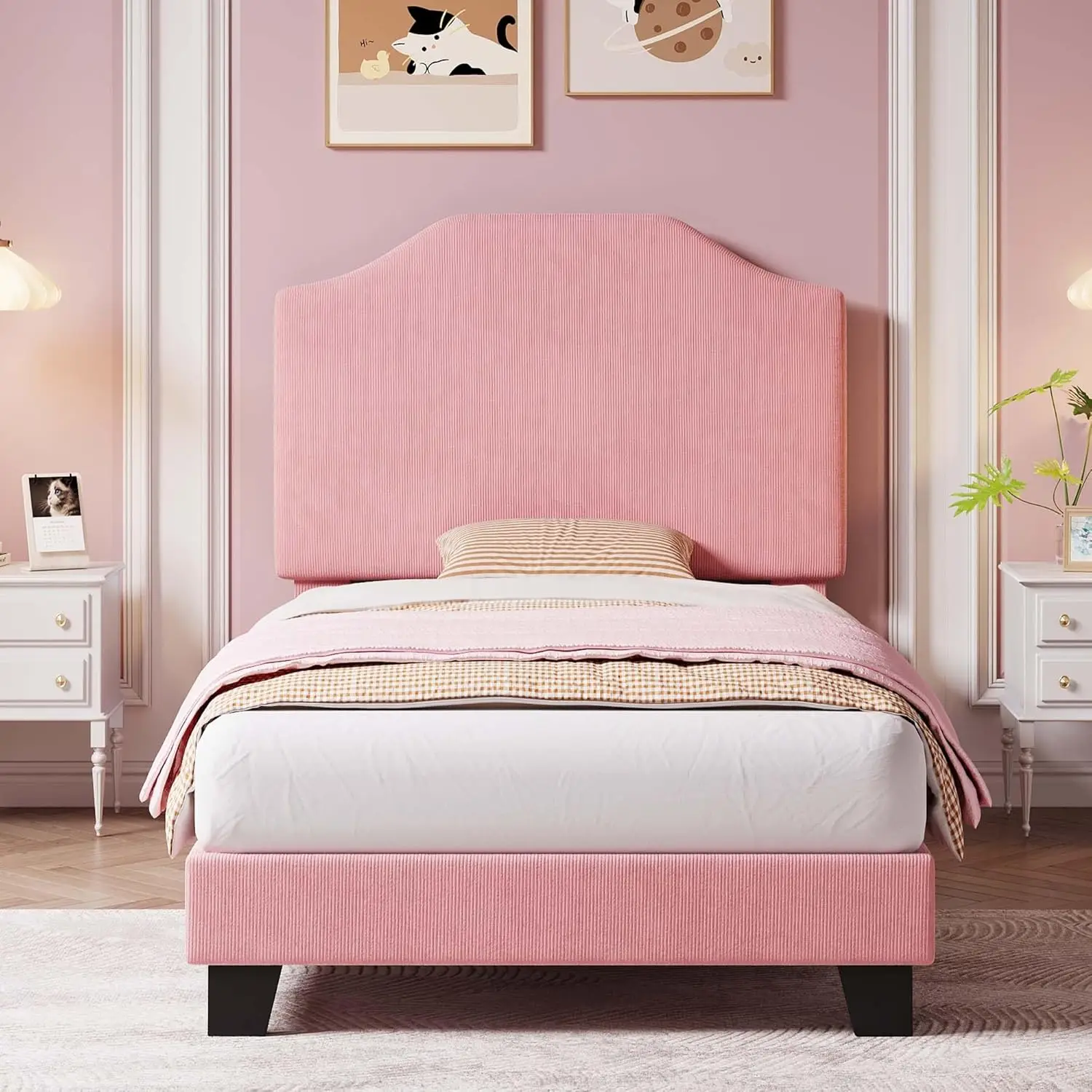 

Twin Bed Frames Corduroy Upholstered Twin Bed Frame with Cute Adjustable Headboard Fabric with Strong Wooden Slats Support No