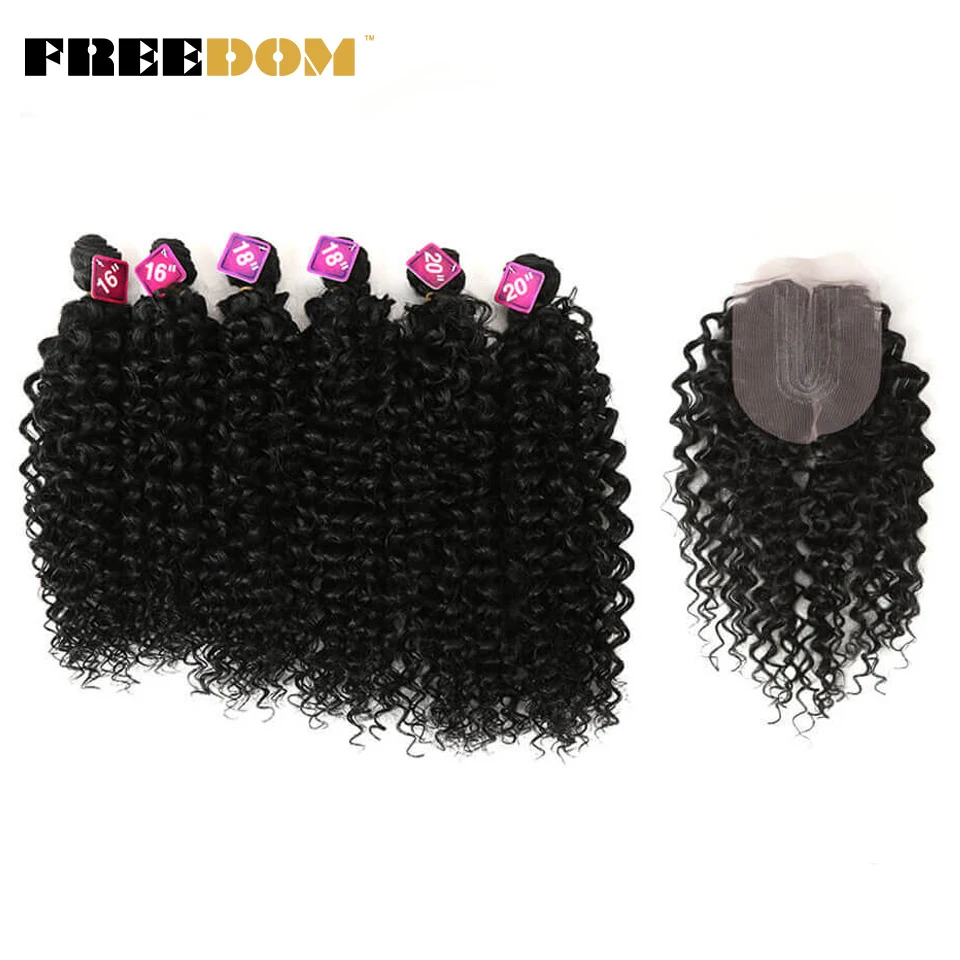 FREEDOM Synthetic Hair Weave 16-20 inch 7Pieces/lot Afro Kinky Curly Hair Bundles With Closure T Lace For Women hair Extensions